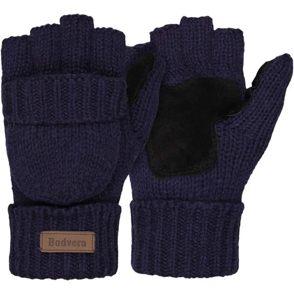 Women's Navy Winter Warm Thermal Insulation Fingerless Texting Wool Gloves
